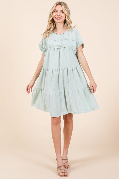 Lace Front Swiss Dot Ruffle Tiered Swing Dress
