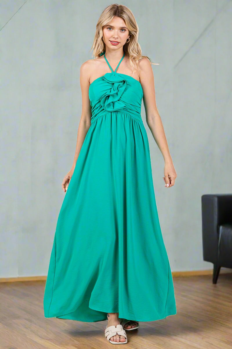 embellished halter neck ruffle maxi dress Halter Neck Smocked Embellished Maxi Dress Kelly Green / Medium 8-10