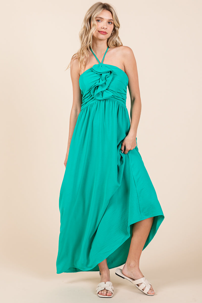 embellished halter neck ruffle maxi dress Halter Neck Smocked Embellished Maxi Dress Kelly Green / Medium 8-10