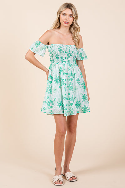 Floral Off Shoulder Smocked Mini Dress