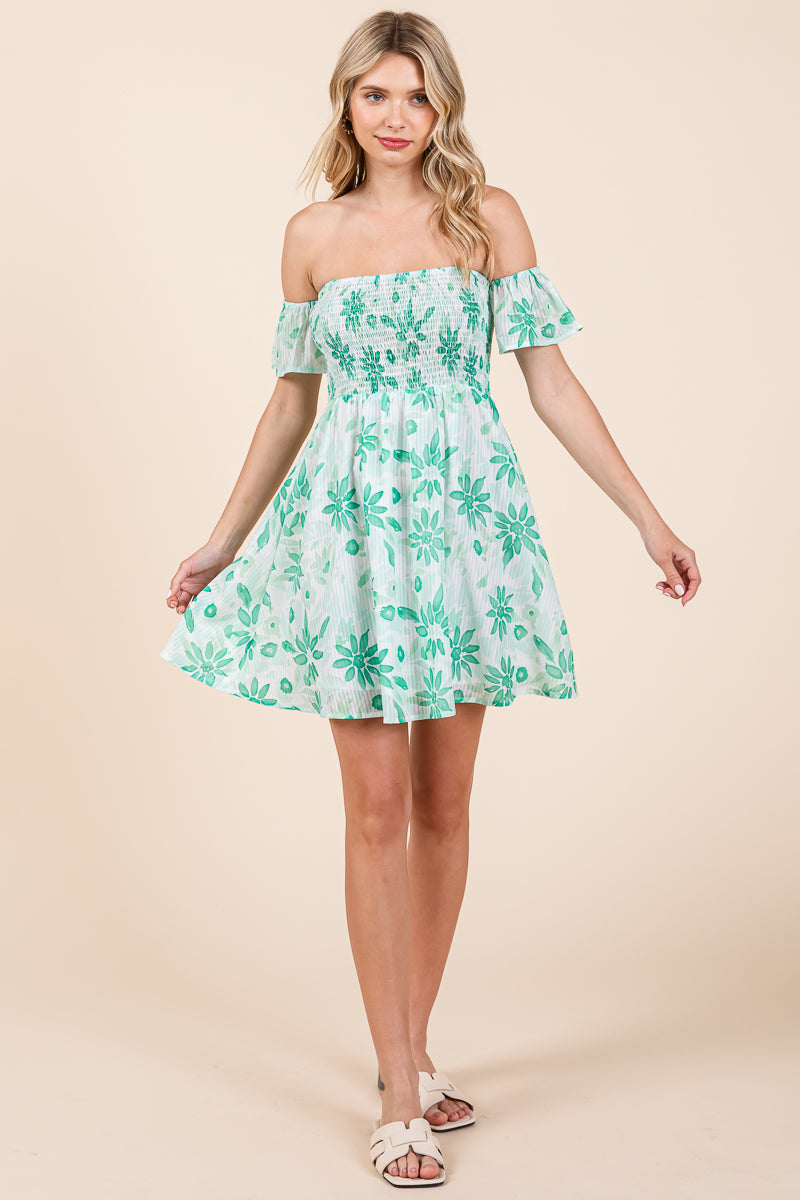Floral Off Shoulder Smocked Mini Dress Green / L Floral Off Shoulder Smocked Mini Dress Green / L