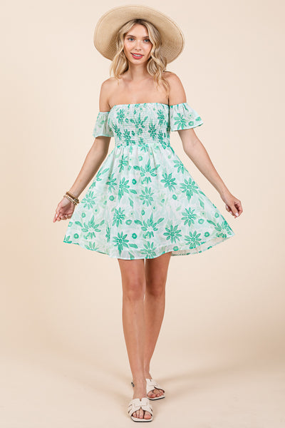 Floral Off Shoulder Smocked Mini Dress