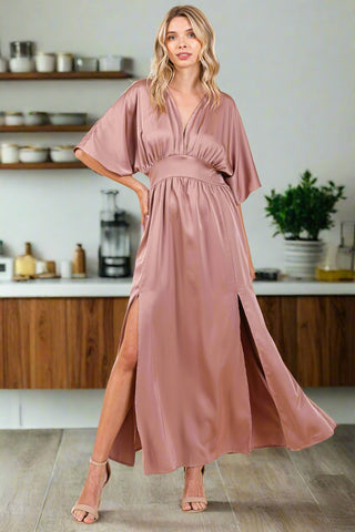 Double Satin Split Hem Smocked Kimono Maxi Dress
