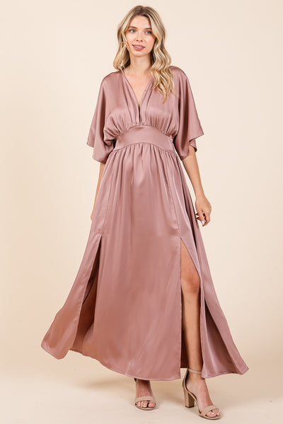 Double Satin Split Hem Smocked Kimono Maxi Dress