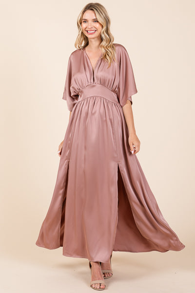 Double Satin Split Hem Smocked Kimono Maxi Dress