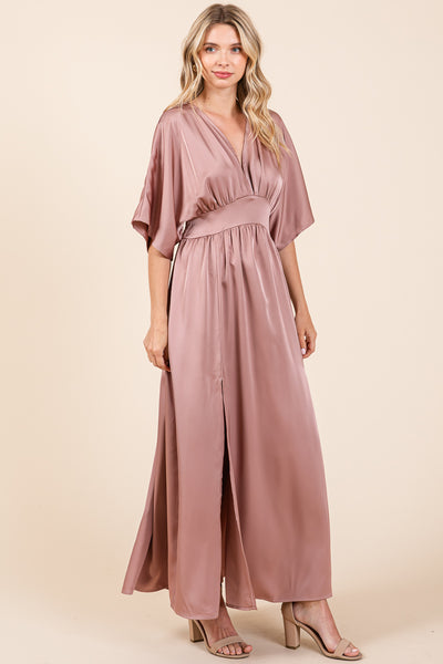 Double Satin Split Hem Smocked Kimono Maxi Dress