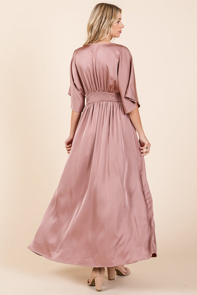 Double Satin Split Hem Smocked Kimono Maxi Dress