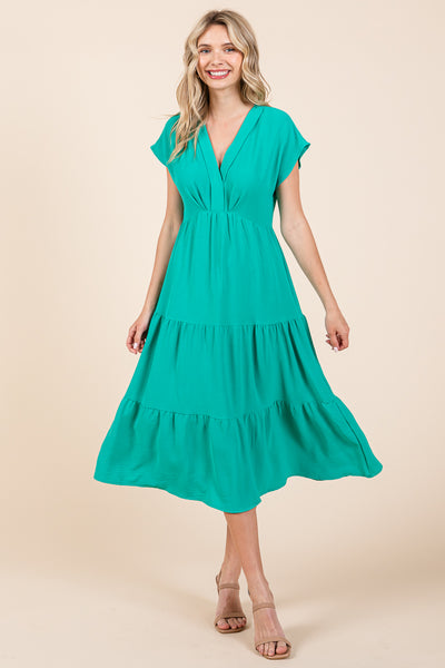 V Neck Tiered Cap Sleeve Pleated Ruffle Midi Dress