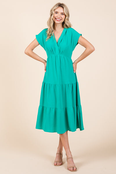 V Neck Tiered Cap Sleeve Pleated Ruffle Midi Dress