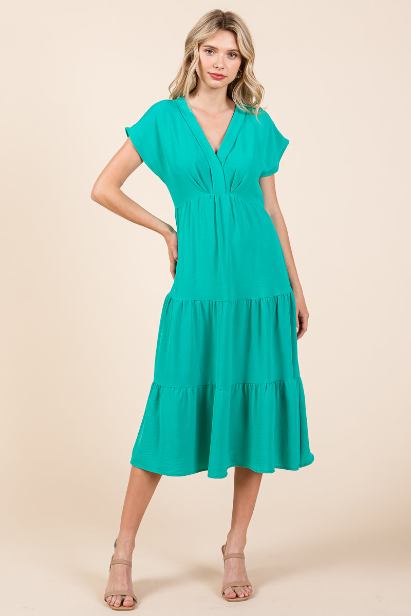 V Neck Tiered Cap Sleeve Pleated Ruffle Midi Dress