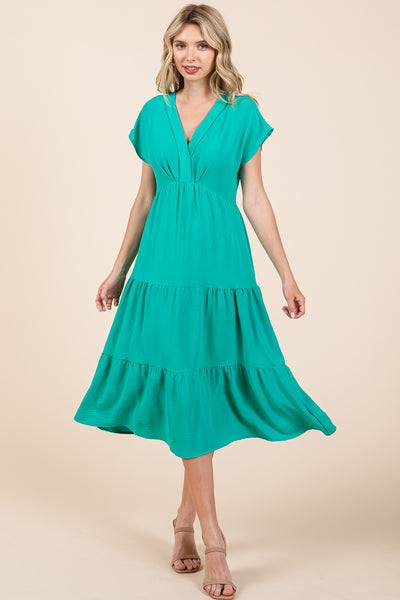 V Neck Tiered Cap Sleeve Pleated Ruffle Midi Dress