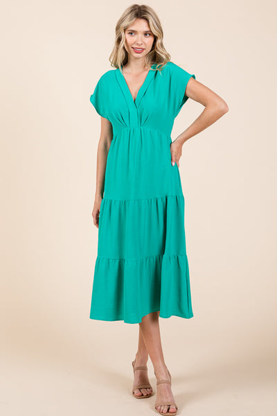 V Neck Tiered Cap Sleeve Pleated Ruffle Midi Dress