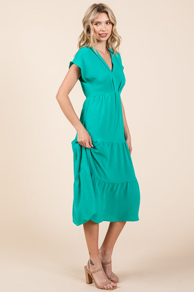 V Neck Tiered Cap Sleeve Pleated Ruffle Midi Dress