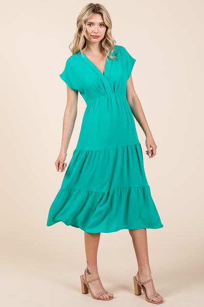 V Neck Tiered Cap Sleeve Pleated Ruffle Midi Dress