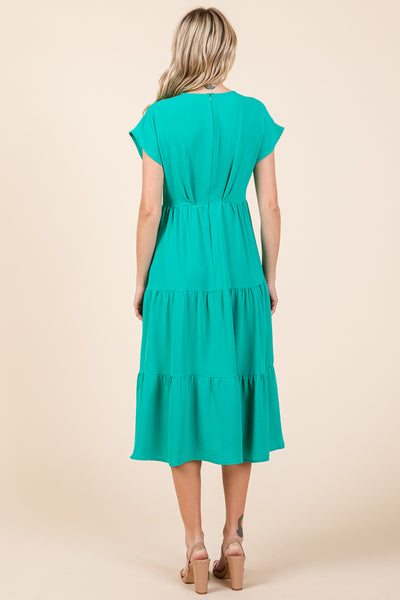 V Neck Tiered Cap Sleeve Pleated Ruffle Midi Dress