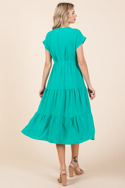 V Neck Tiered Cap Sleeve Pleated Ruffle Midi Dress