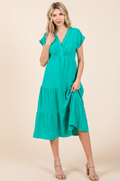 V Neck Tiered Cap Sleeve Pleated Ruffle Midi Dress