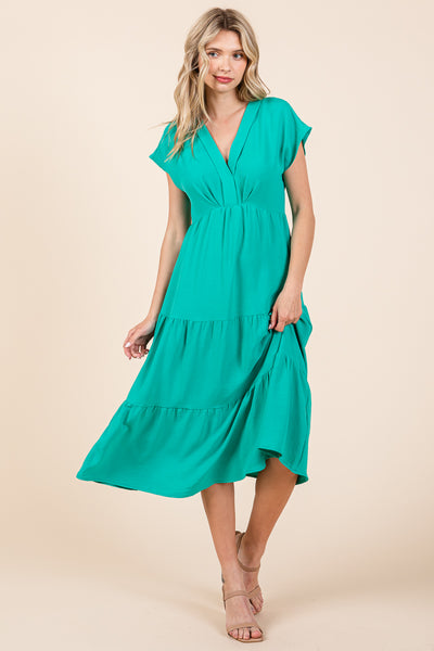V Neck Tiered Cap Sleeve Pleated Ruffle Midi Dress