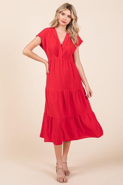 V Neck Tiered Cap Sleeve Pleated Ruffle Midi Dress
