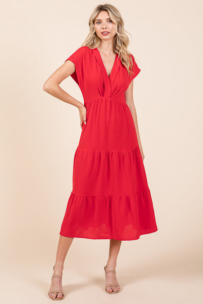V Neck Tiered Cap Sleeve Pleated Ruffle Midi Dress