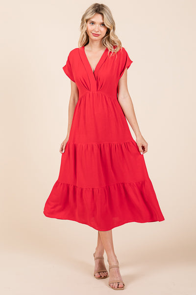 V Neck Tiered Cap Sleeve Pleated Ruffle Midi Dress