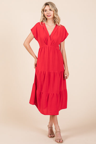 V Neck Tiered Cap Sleeve Pleated Ruffle Midi Dress