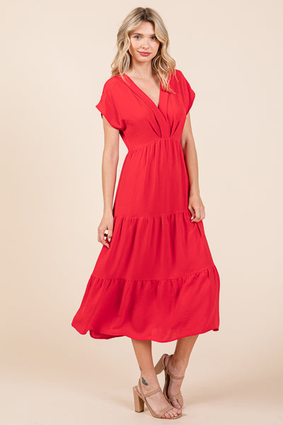 V Neck Tiered Cap Sleeve Pleated Ruffle Midi Dress