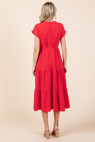 V Neck Tiered Cap Sleeve Pleated Ruffle Midi Dress