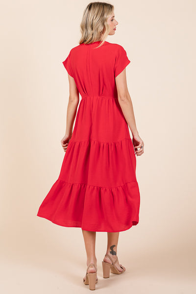 V Neck Tiered Cap Sleeve Pleated Ruffle Midi Dress