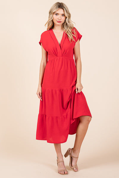 V Neck Tiered Cap Sleeve Pleated Ruffle Midi Dress