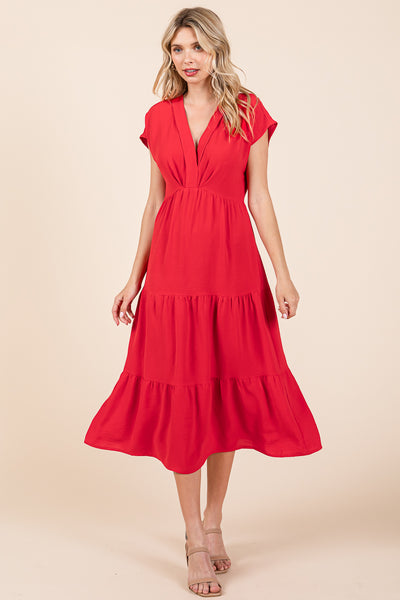 V Neck Tiered Cap Sleeve Pleated Ruffle Midi Dress