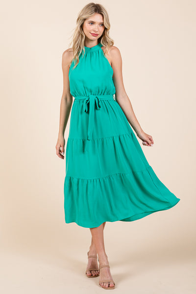 Halter Neck Belted Tiered Ruffle Midi Dress