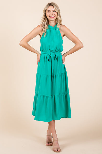Halter Neck Belted Tiered Ruffle Midi Dress