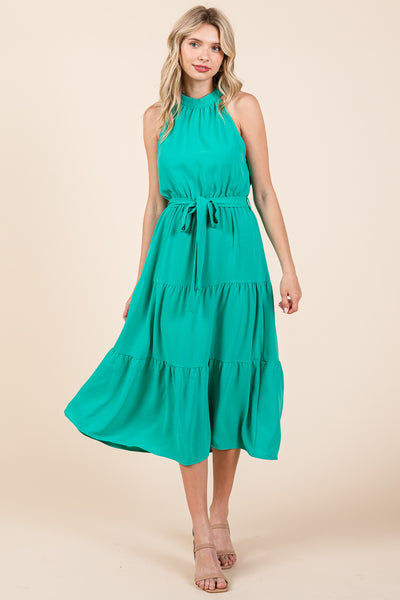 Halter Neck Belted Tiered Ruffle Midi Dress