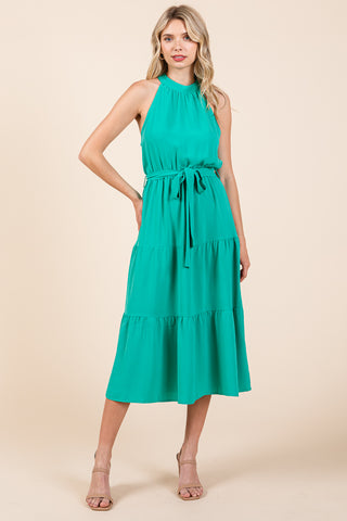 Halter Neck Belted Tiered Ruffle Midi Dress
