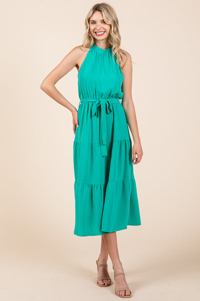 Halter Neck Belted Tiered Ruffle Midi Dress