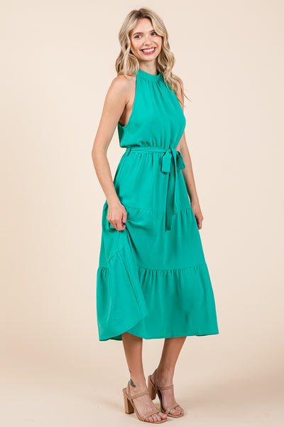 Halter Neck Belted Tiered Ruffle Midi Dress