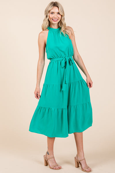 Halter Neck Belted Tiered Ruffle Midi Dress