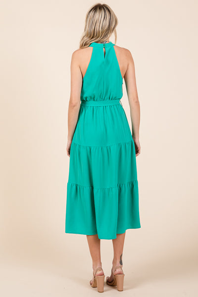 Halter Neck Belted Tiered Ruffle Midi Dress