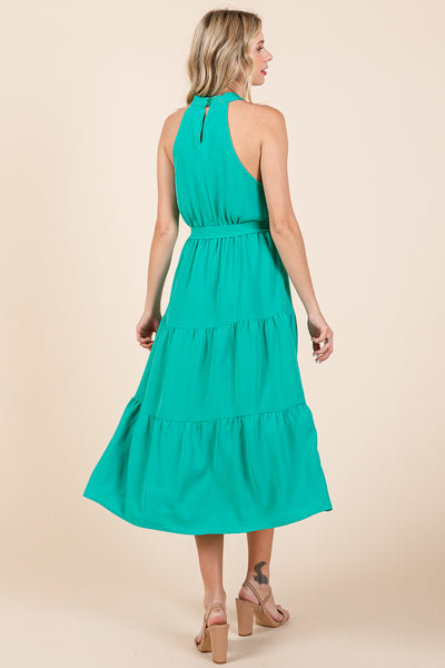 Halter Neck Belted Tiered Ruffle Midi Dress