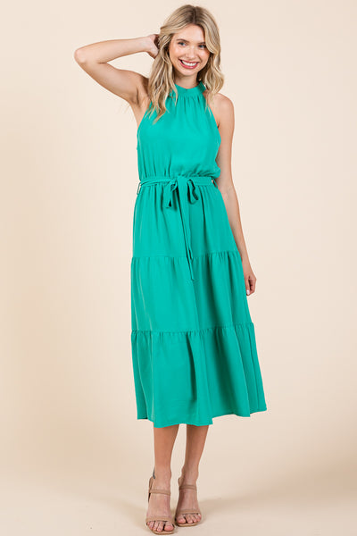 Halter Neck Belted Tiered Ruffle Midi Dress
