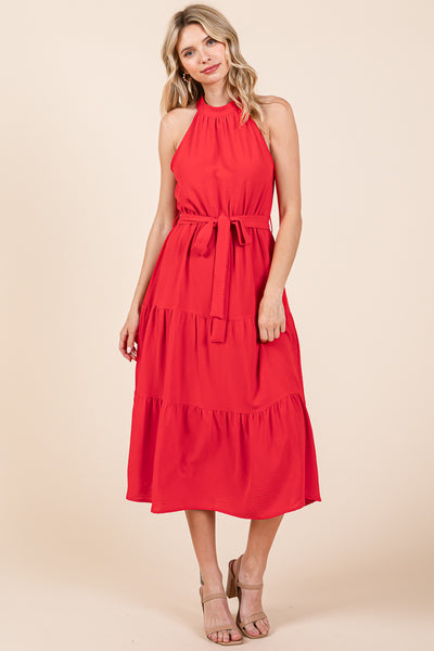 Halter Neck Belted Tiered Ruffle Midi Dress