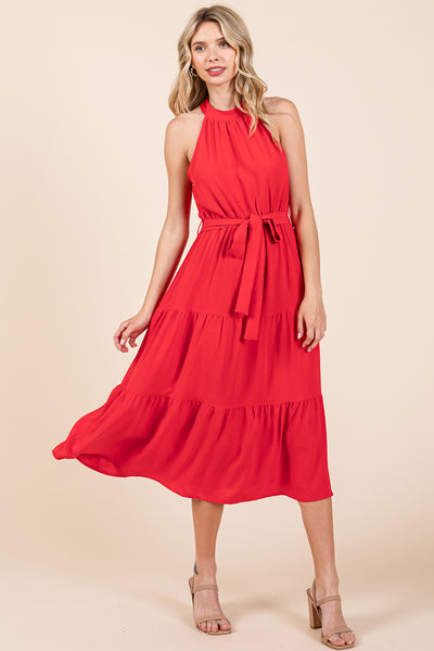 Halter Neck Belted Tiered Ruffle Midi Dress