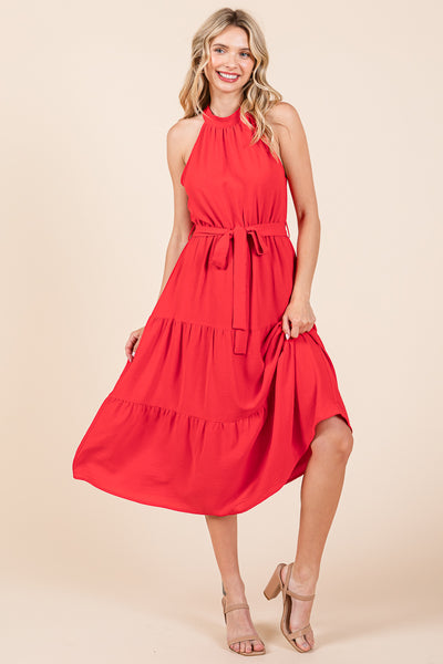 Halter Neck Belted Tiered Ruffle Midi Dress