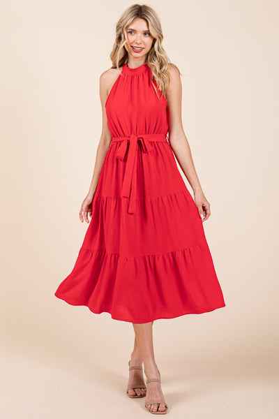 Halter Neck Belted Tiered Ruffle Midi Dress