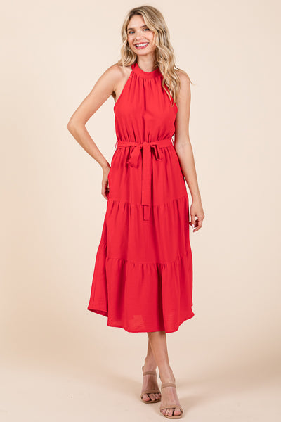 Halter Neck Belted Tiered Ruffle Midi Dress