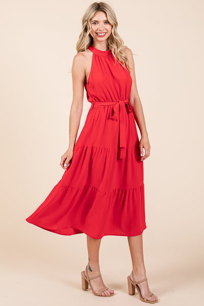 Halter Neck Belted Tiered Ruffle Midi Dress