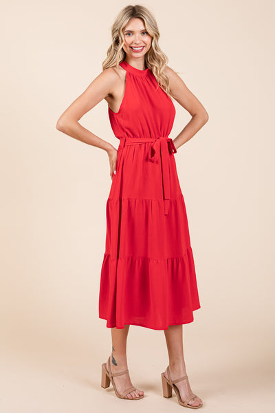 Halter Neck Belted Tiered Ruffle Midi Dress