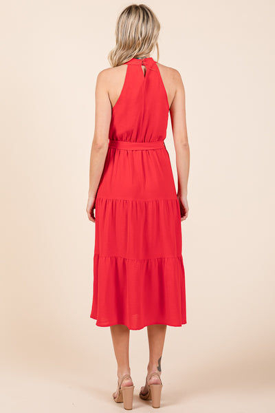 Halter Neck Belted Tiered Ruffle Midi Dress
