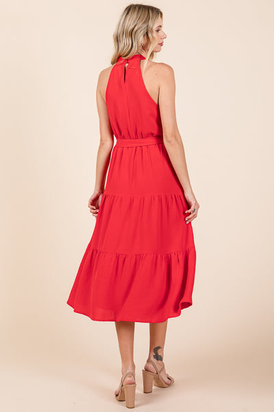 Halter Neck Belted Tiered Ruffle Midi Dress